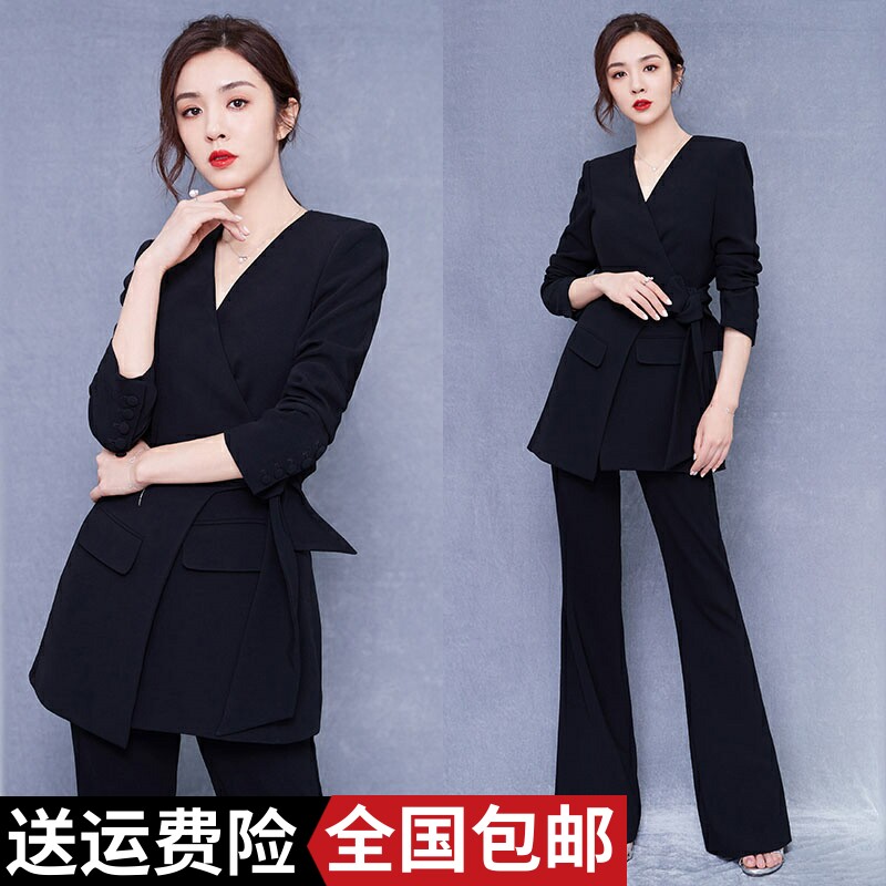 Celebrities with the British style tie-up black suit women's fashion V-neck temperament suit flared trousers two-piece set