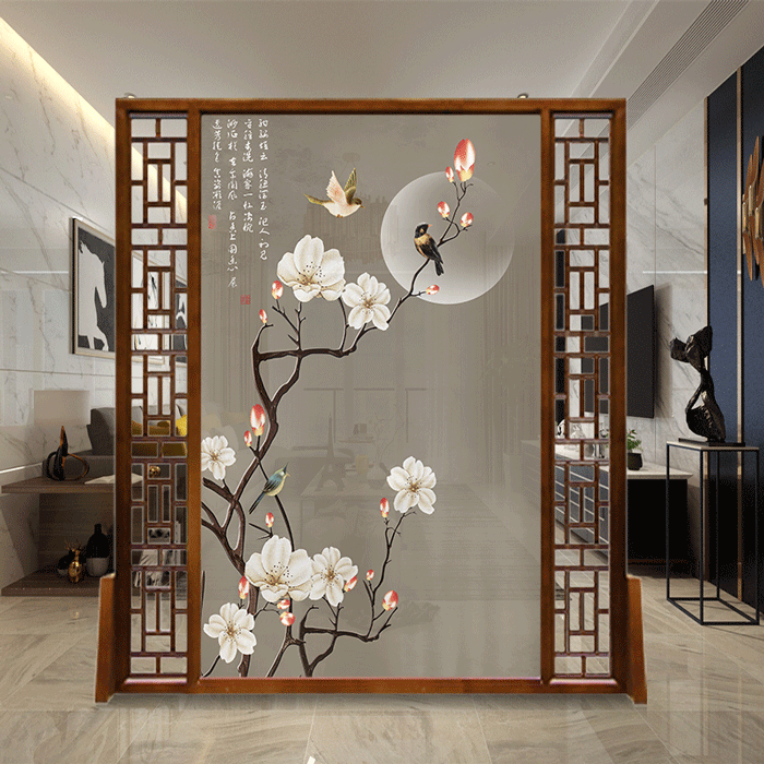 New Chinese style screen partition living room office hotel Shanshui seat screen bedroom flower bird solid wood entrance double-sided movement