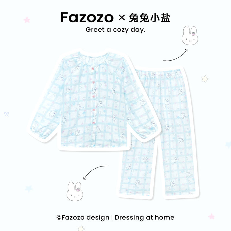 Fazozo "Rabbit Little Salt" Original Cute All-Cotton Double-Layer Gauze Round-Neck Loungewear Blue Plaid Pajamas That Can Be Worn Outside