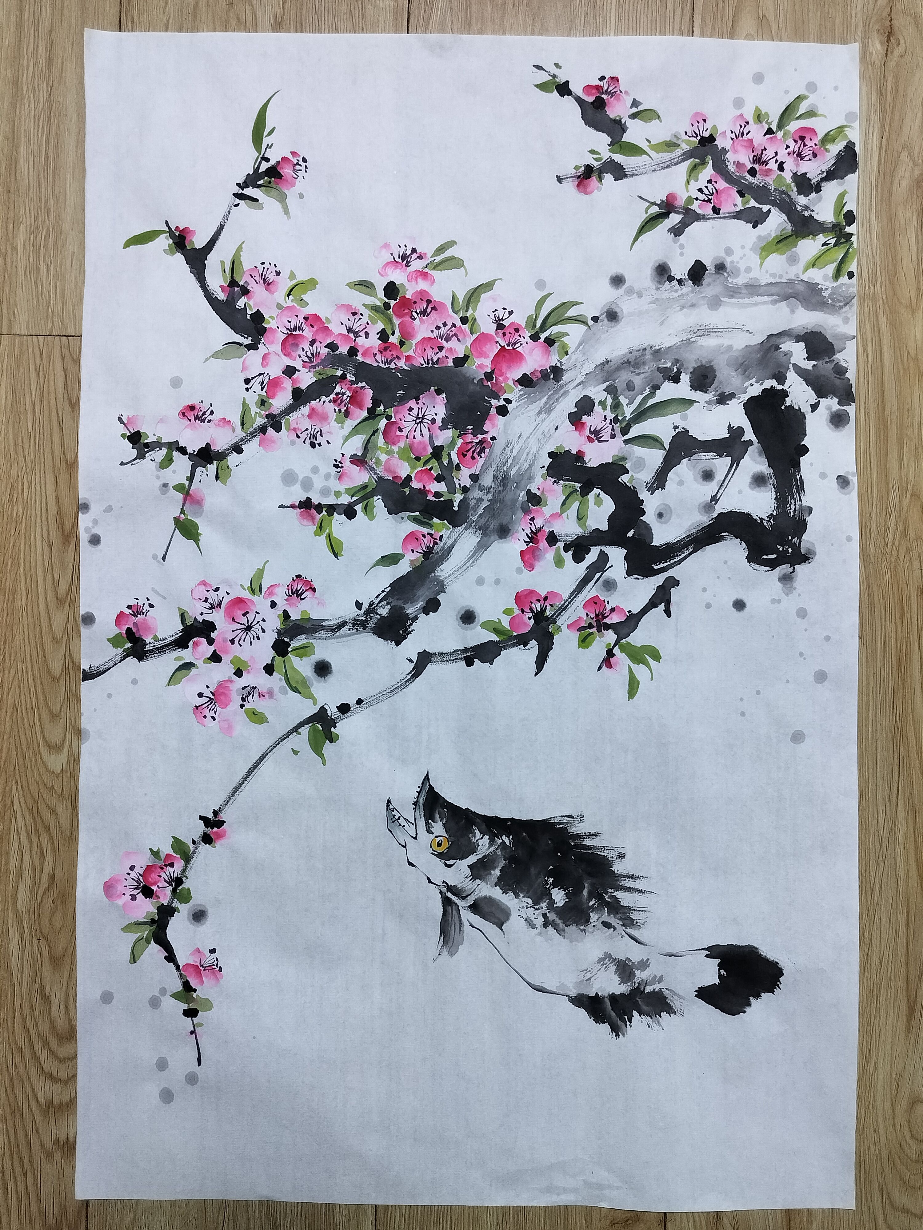 国画写意花鸟纯手绘水墨画宣纸桃花鳜鱼画芯无款无框四尺三开