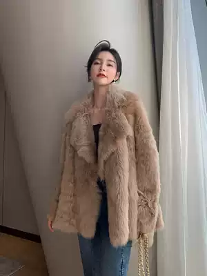 Imported Tuscan sheepskin wool one-piece medium and long version of fur coat female lamb hair young bow lace-up