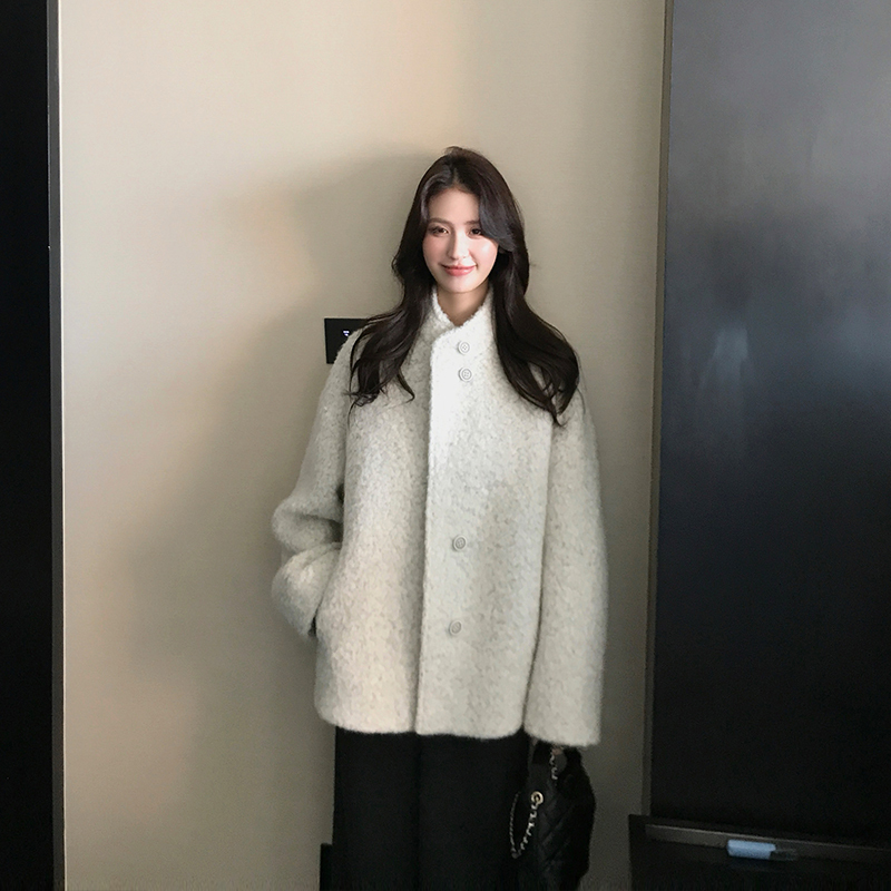 Tomwini Classic Stand-Up Collar Mid-Length Coat Loose Wool Mohair Alpaca Wool Woolen Coat Winter