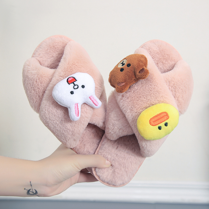 Cartoon Cross Furry Slippers for Women in Autumn and Winter, Cute and Sweet Princess Slippers, Flat Non-Slip Plush Casual Floor Slippers