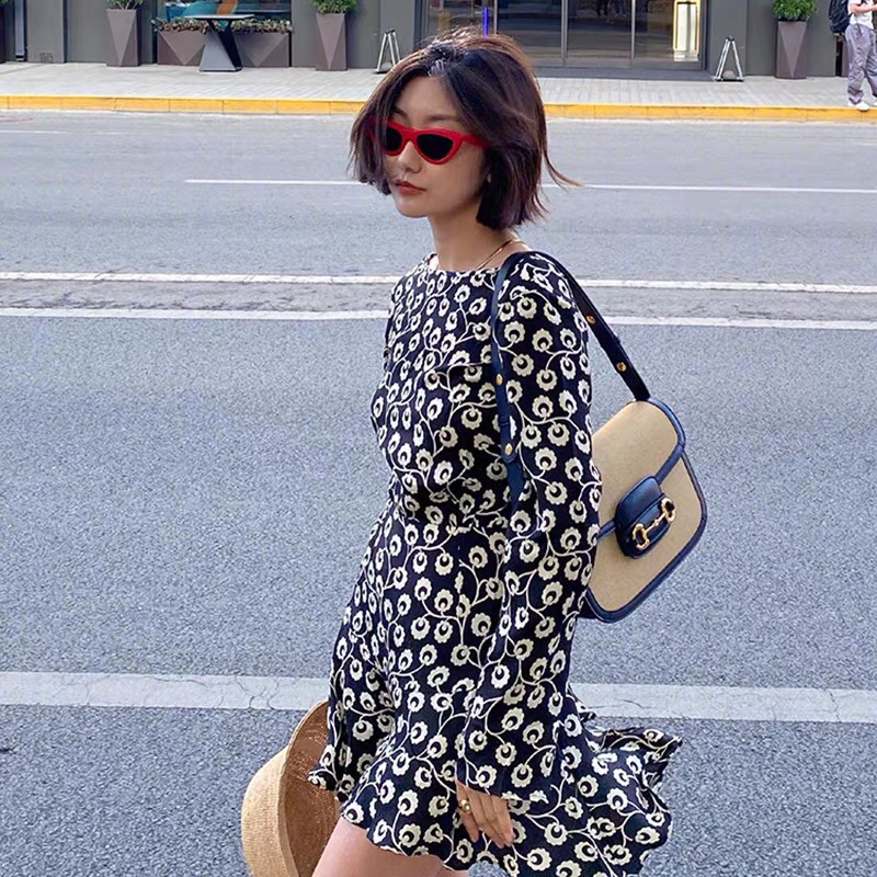 Savis's Same Style Black Floral Print Floral Elegant Slimming Look Splicing Backless Mini Dress Long-Sleeved Skirt