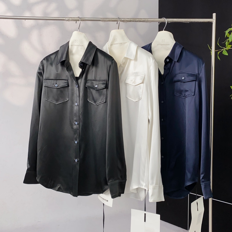 No Return French Style 76 Acetate Satin Shirt for Women, Spring and Autumn Professional Long-Sleeve Shirt with Pockets, Elegant Design, 2461, Length 71