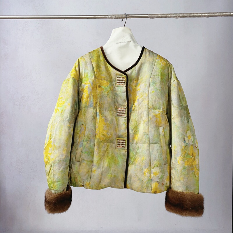 10% Mulberry Silk, 60% Rayon, 30% Linen, Round Neck, Rhinestone Buttons, Mink Cuffs, 90% White Goose Down, down Jacket, 062, Length 59