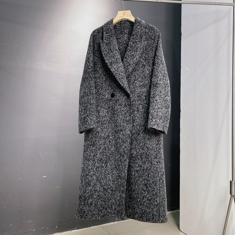 【Quiet Luxury Camel Wool Coat】90% Australian Wool, 5% Alpaca, 5% Llama Wool, Loop Pile, Notch Lapel, Mid-Length, Floral Gray Hy, Length 112cm