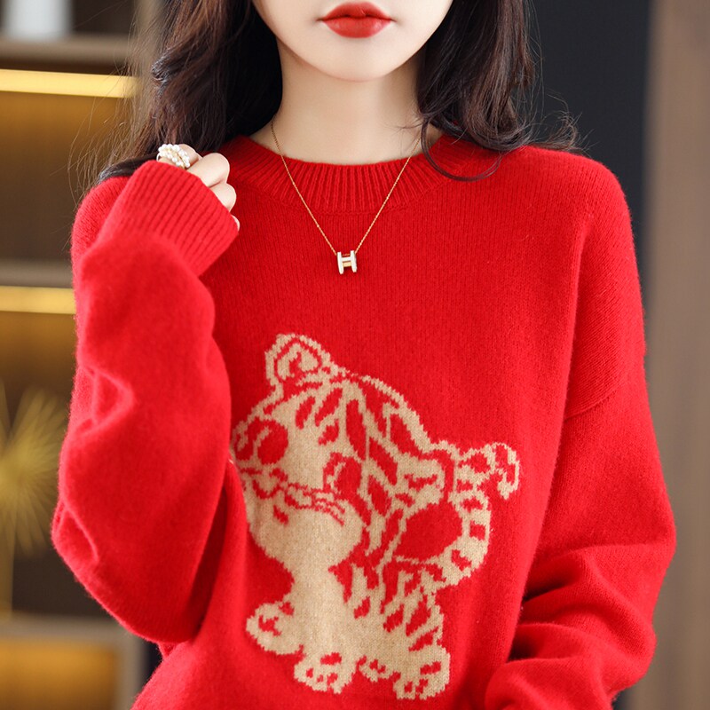 New Year's Red Little Tiger Sweater Women's Early Spring New Round Neck Loose Benming Year Sweater Cashmere Sweater Bottom Shirt
