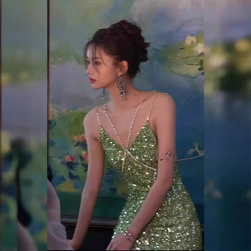 Green Sequined Sparkling Gown, Mermaid-Style Backless Slit Sexy Spaghetti Strap Dress, French Style