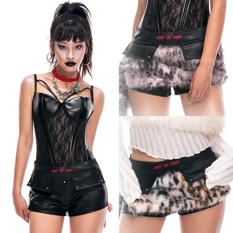 Starttheengine Original Hot Girl Color-Blocked Printed Pu Leather Shorts with Detachable Fur Collar and Belt Hot Pants