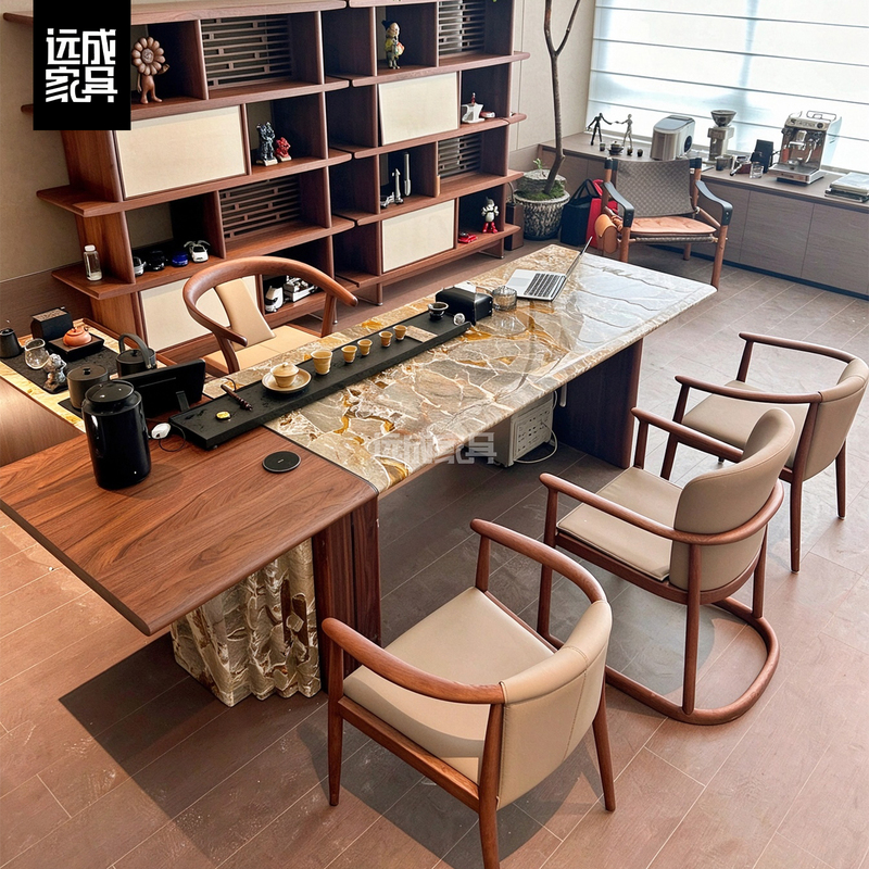 Modern Light Luxury Tea Table with North American Black Walnut Wood and Luxurious Stone, Minimalist Design for High-End Villas, Large Flat-Floor Offices, and Executive Tea Brewing Tables Modern Light Luxury Tea Table with North American Black Walnut Wood and Luxurious Stone, Minimalist Design for High-End Villas, Large Flat-Floor Offices, and Executive Tea Brewing Tables