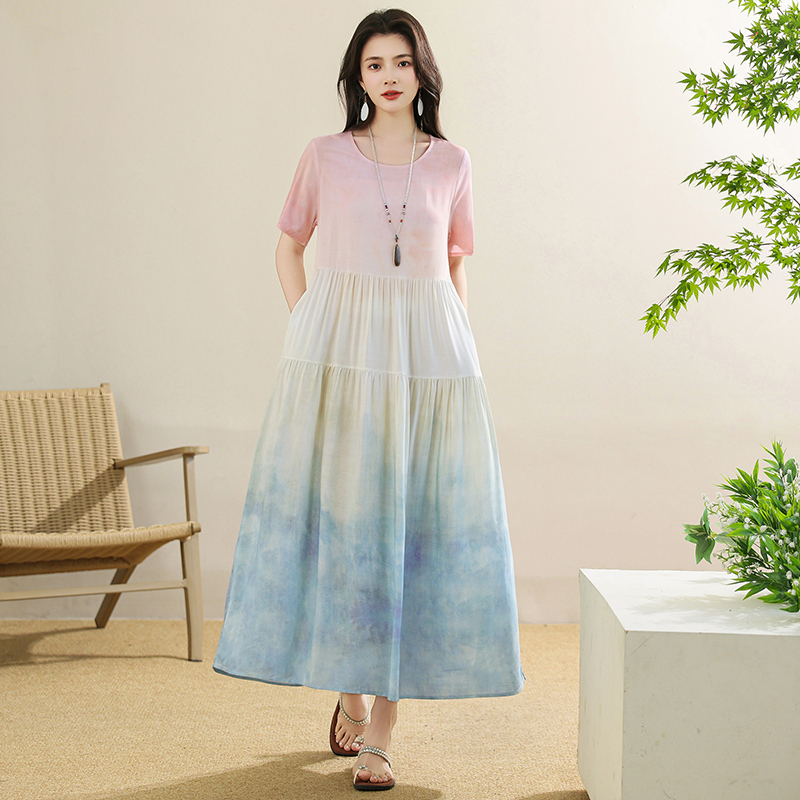 Artistic Tie-Dye Gradient Color, Unique and Beautiful, High-End Pure Cotton Silk Dress for Women, Loose Fit, Slimming, Elegant Long Dress Artistic Tie-Dye Gradient Color, Unique and Beautiful, High-End Pure Cotton Silk Dress for Women, Loose Fit, Slimming, Elegant Long Dress