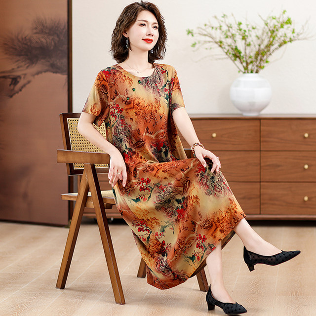 Mom's new summer style large size short-sleeved loose new Chinese style national style high-end cotton silk dress middle-aged and elderly women's clothing