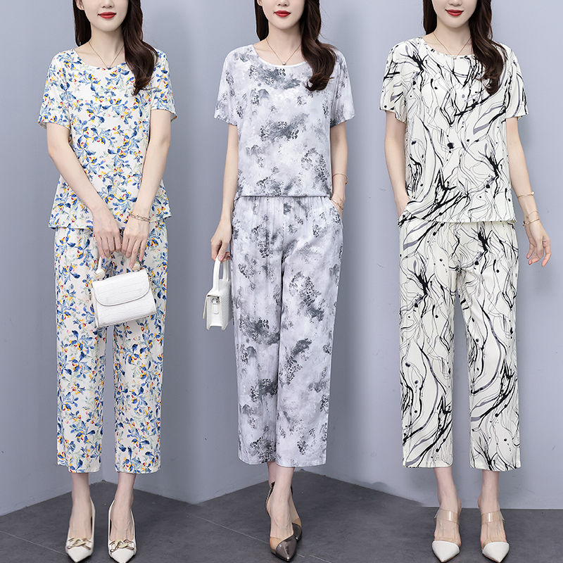 Mom's Summer Clothes Cotton Silk Short-Sleeved Suit Middle-Aged Women's Round Neck Loose Casual Home Wear Pajamas Two-Piece Set