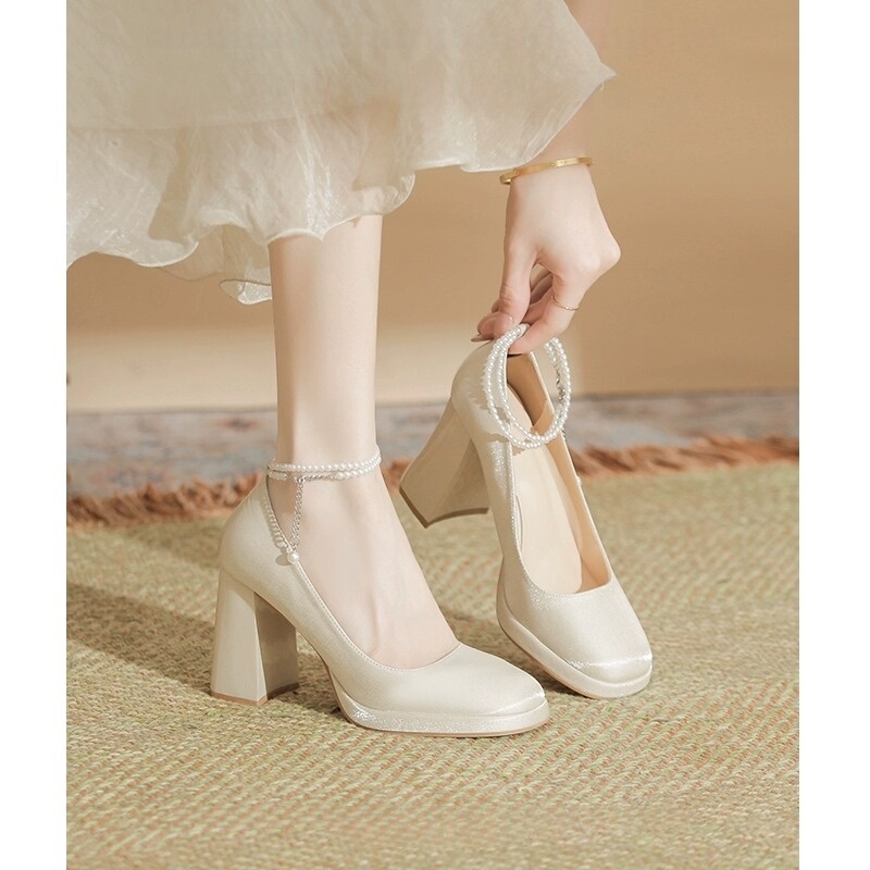 French Satin High Heels Wedding Shoes for Women, Dual-Wear Pearl Mary Jane Shoes for Bridesmaids, Maternity Shoes