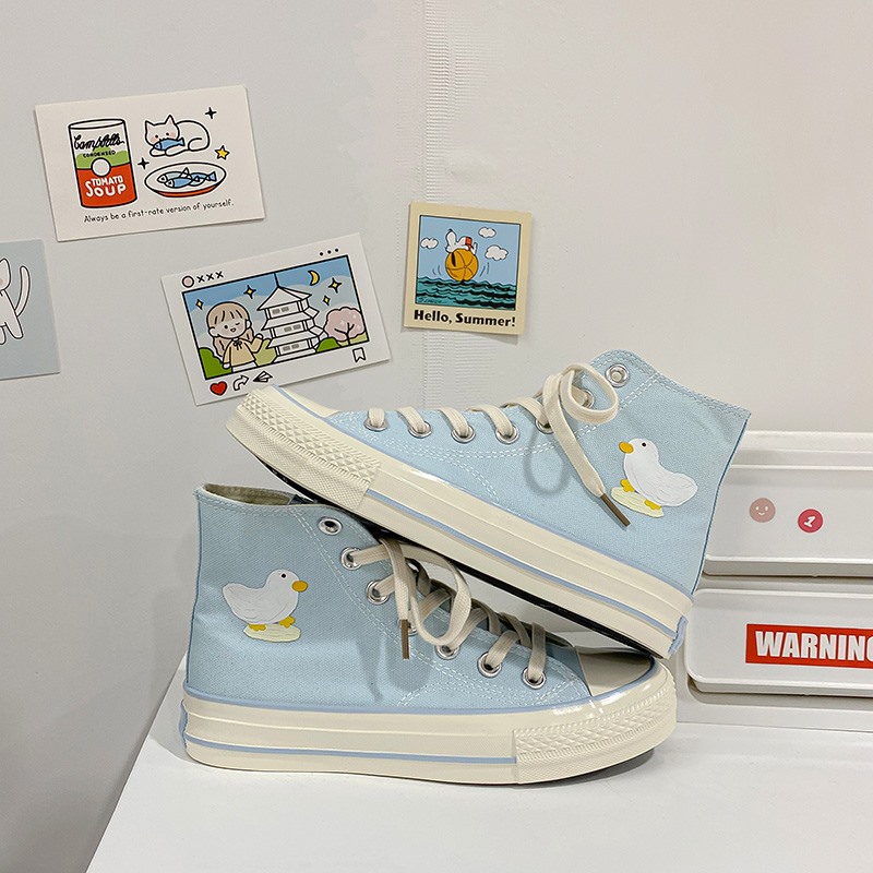Japan 21 new small cute duck hand painted high cylinder sails shoes schoolgirl 100 hitch blue ootd style women's shoes