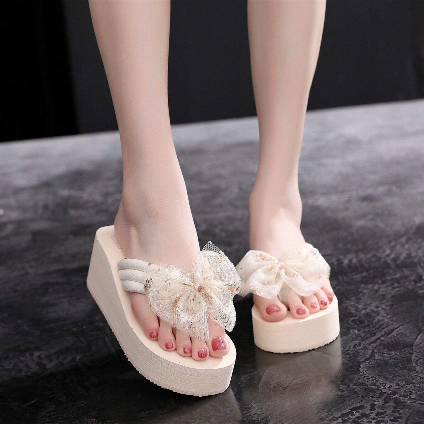 Japanese bowknot sandals Women summer 2021 New slope heel thick bottom flip slip wear sandals