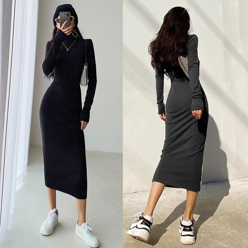 Korean-Style Ribbed Slim-Fit Black High-Neck Dress, Autumn and Winter Mid-Length Thickened Bodycon Dress, Long-Sleeve Base Dress Korean-Style Ribbed Slim-Fit Black High-Neck Dress, Autumn and Winter Mid-Length Thickened Bodycon Dress, Long-Sleeve Base Dress