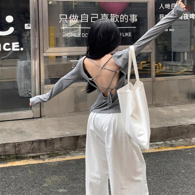 Hot Girl Style Long-Sleeve T-Shirt with Cutout Back and Straps, Sexy Backless Loose Fit, Slimming, Unique Design Top for Women in Spring and Summer