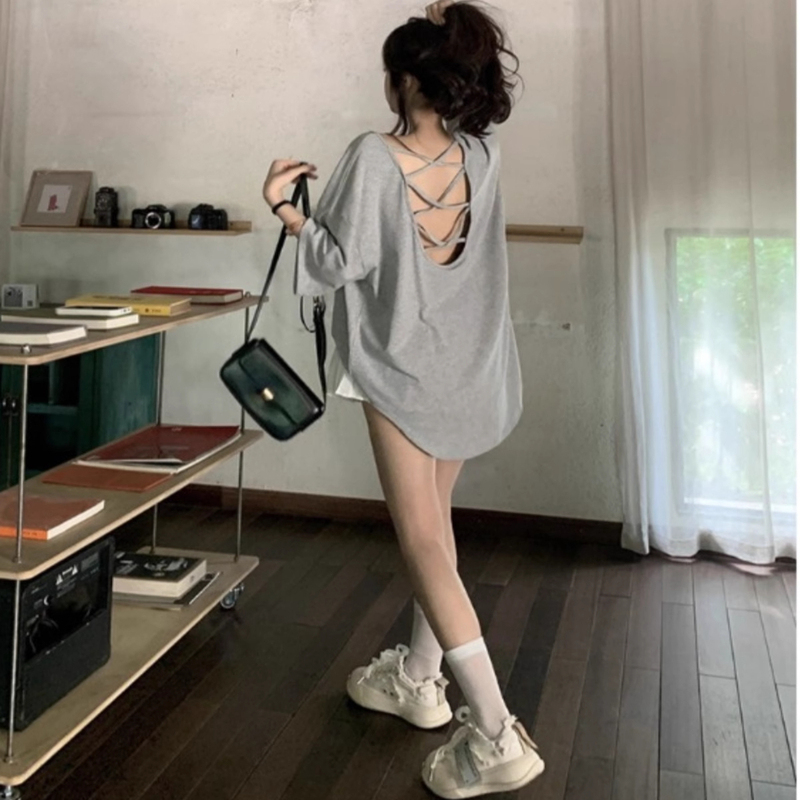 Hot Girl Sexy Loose Cross-Back Short-Sleeve T-Shirt for Women, Summer Lazy Design, Niche Casual Mid-Length Top Hot Girl Sexy Loose Cross-Back Short-Sleeve T-Shirt for Women, Summer Lazy Design, Niche Casual Mid-Length Top