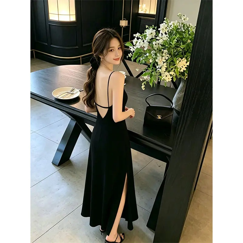Sexy Beach Vacation Black Backless Spaghetti Strap Dress for Women, Summer Side Slit V-Neck Long Dress, Beach Dress with a High-End Feel