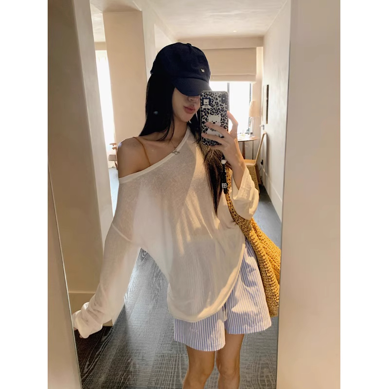 White Thin Long-Sleeve Asymmetrical Shoulder T-Shirt for Women, Autumn Lazy Style, Slightly Sheer, Sun-Protective Cover-Up, Loose Casual Base Shirt Top