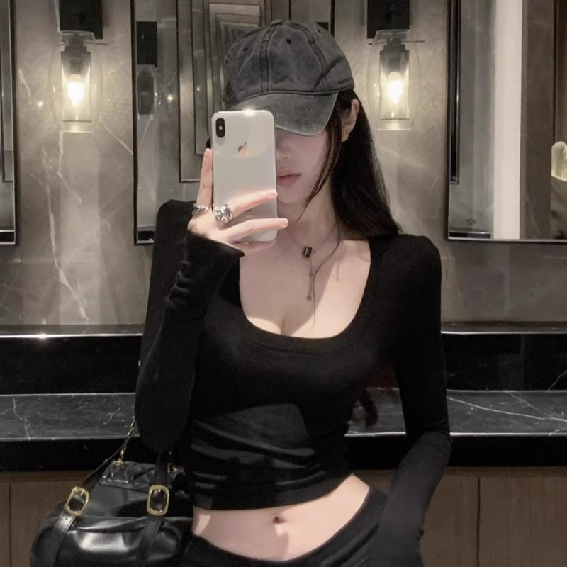 Sweet and Spicy Girl Sexy U-Neck Crop Top Long-Sleeve T-Shirt for Women, Autumn and Winter American Style Low-Cut Slim-Fit Short Inner Layer Base Shirt Top