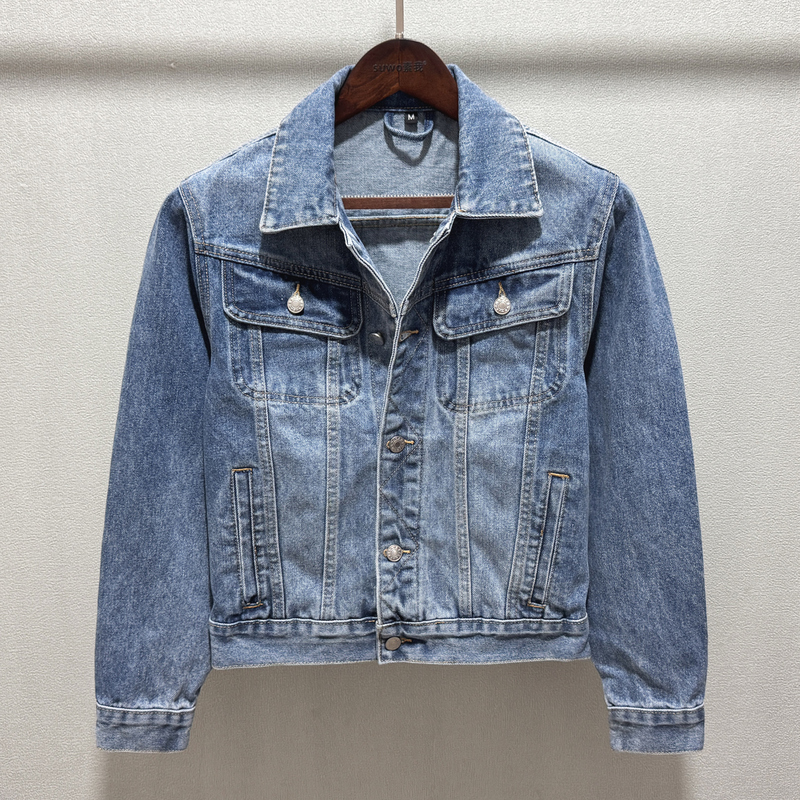 American-Style Heavy Washed Light Blue Denim Jacket for Men, Short Style, Autumn, Student, Loose, Casual Workwear Jacket, Trendy American-Style Heavy Washed Light Blue Denim Jacket for Men, Short Style, Autumn, Student, Loose, Casual Workwear Jacket, Trendy