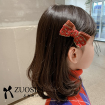 Zuos New Year festive childrens hair accessories girls gold-rimmed red bow hairclip baby cute hairpin