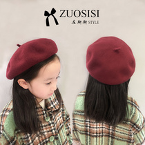 Childrens autumn and winter wool beret girl painter hat baby Korean tide boy round hat Red