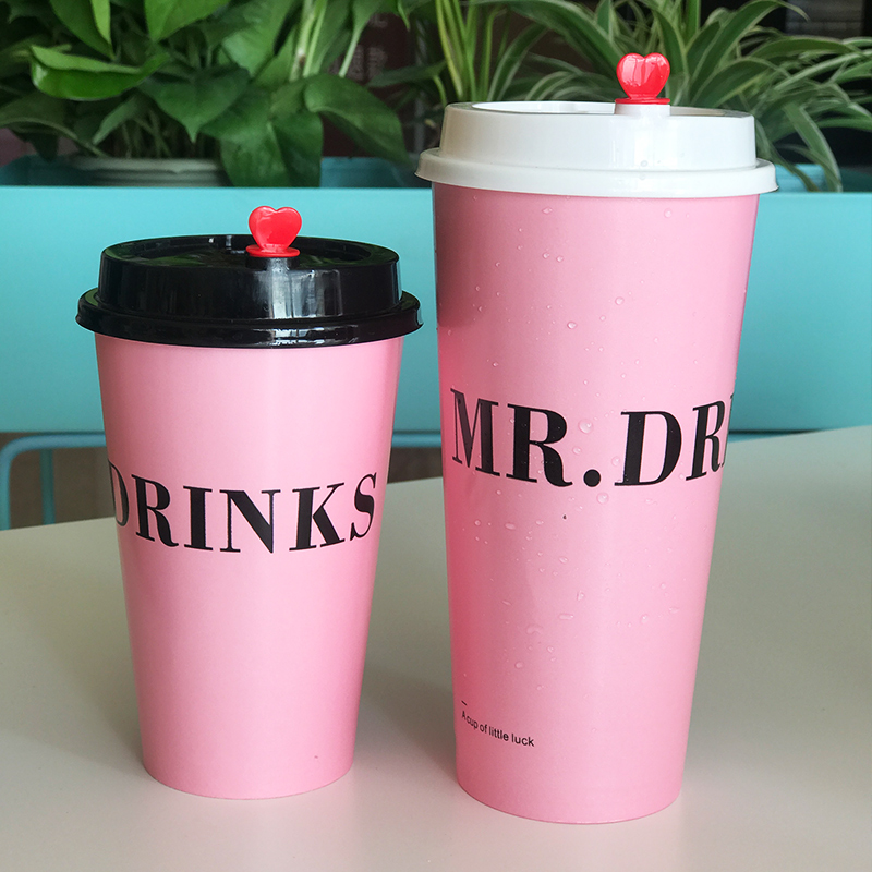 Korean version net red ultra-thick cherry blossom pink cupcake Disposable Milk Tea Cup Coffee Hot Drink packed cup with lid 500 only