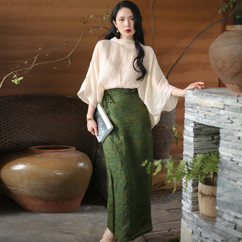 白瑞秋 | 和風文様ワンピースラップスカート麻風ダメージグリーンベルトスカート2025春夏新作