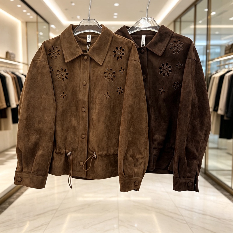 2026 Autumn Short Hollow-Out Jacket for Women, Brown Loose Suede Workwear Style Drawstring Coat, Caiyun Cy26B-25 2026 Autumn Short Hollow-Out Jacket for Women, Brown Loose Suede Workwear Style Drawstring Coat, Caiyun Cy26B-25