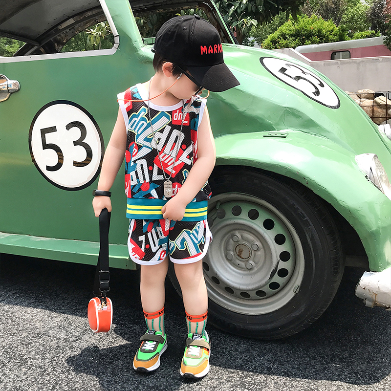 Boy Ice Silk Vest Suit Summer Dress 2022 New Baby Summer Sleeveless Child Mesh Two Sets Ebb