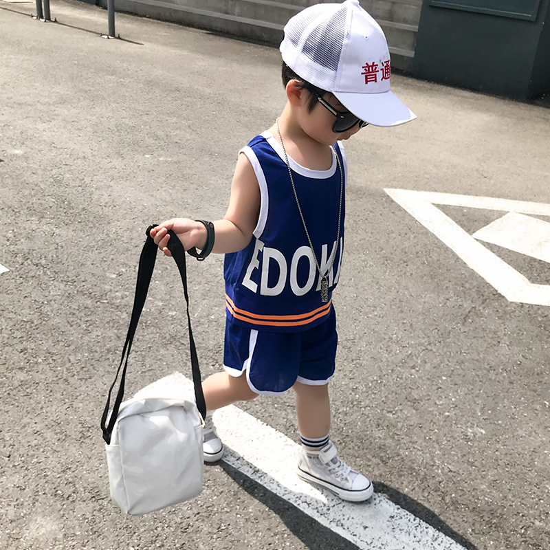 Children's ice silk cotton vest suit summer thin fashion boy sleeveless sports two-piece suit baby Western style children's clothing