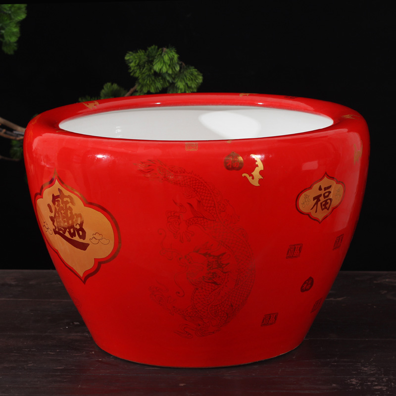 Jingdezhen red ceramic painting and calligraphy cylinder cylinder aquarium goldfish tortoise porcelain red festive and wedding accessories