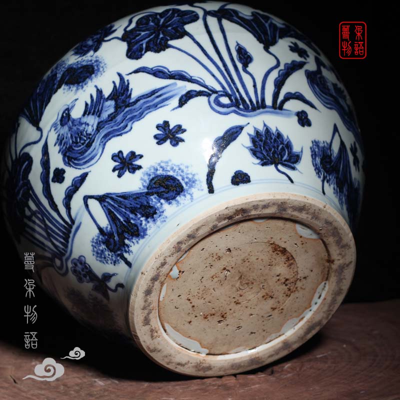 Jingdezhen hand - made generic POTS lotus yuanyang fish yuan blue and white porcelain vase peony design and color large pot of yuan dynasty