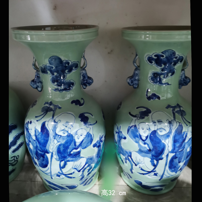 Jingdezhen antique vase happy character of archaize dowry lions ears blue and white landscape ancient vase of the republic of China