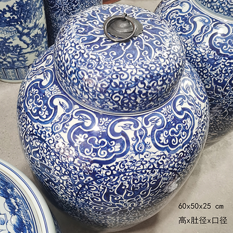 Jingdezhen hand - made porcelain bound lotus flower round porcelain cover practical 50 to 60 barrel meters high pot cover pot convex