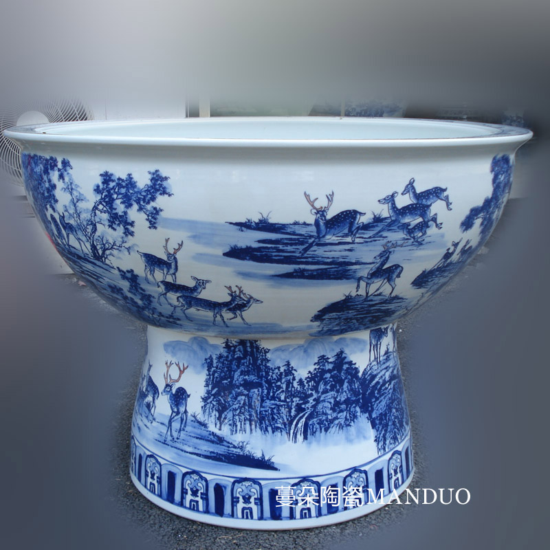 Blue and white beautiful best deer big aquariums art cylinder jingdezhen landscape vats. 80-100 cm