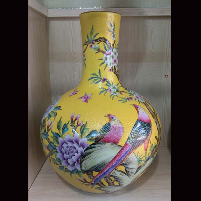 Jingdezhen qianlong general hand - made yellow peony quail enamel pot mei bottles of celestial up the vase