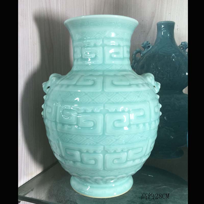 Jingdezhen high - grade pure color carving celadon mesa decorative vase classical decorative vase benevolent vase