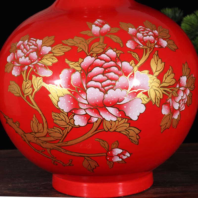 Jingdezhen spherical pomegranate red display bright red porcelain vase auspicious peony porcelain vases round vase