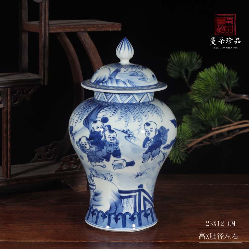 Jingdezhen 25 cm high pure manual painting tong qu the general pot of Chinese porcelain general hand - made rich ancient frame furnishing articles
