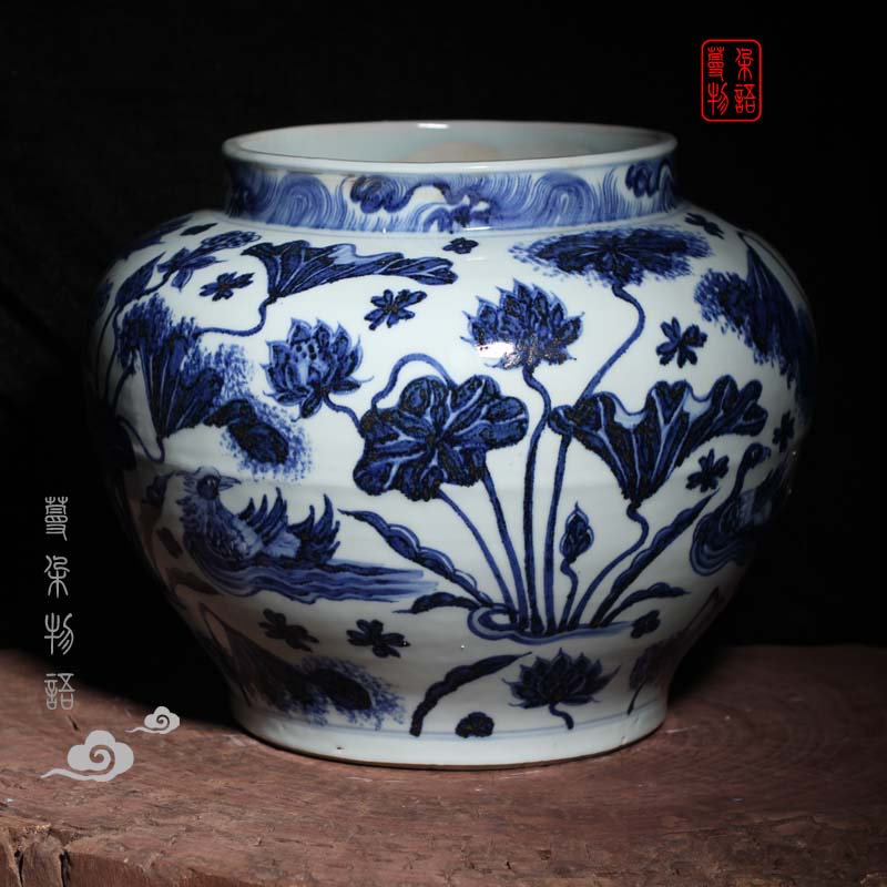 Jingdezhen hand - made generic POTS lotus yuanyang fish yuan blue and white porcelain vase peony design and color large pot of yuan dynasty