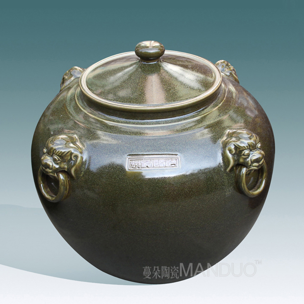 Tea leaf Last cover jar Single color glazed lid Imitation Ancient Jar Porcelain Lion Handle Jar Porcelain Antique Vat