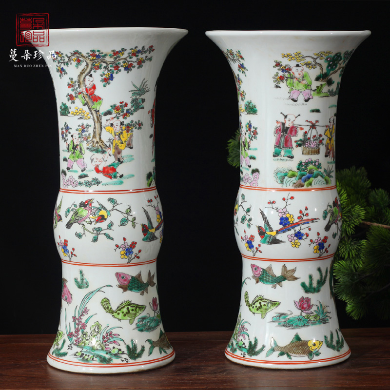 Jingdezhen hand - made archaize kangxi war enamel vase Jingdezhen ceramic powder enamel fish bottle algal lines cross the characters