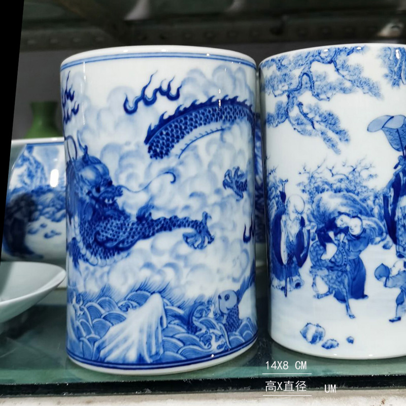 Jingdezhen hand - made scenery high - grade porcelain brush pot rich ancient frame display porcelain brush pot cap tube of pure hand - made of porcelain