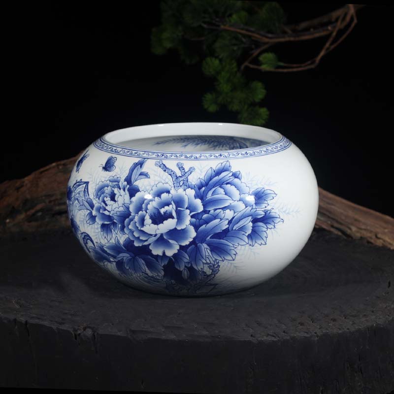 Blue and white double - sided peony peony writing brush washer from jingdezhen Blue and white porcelain porcelain basin display writing brush washer water is shallow