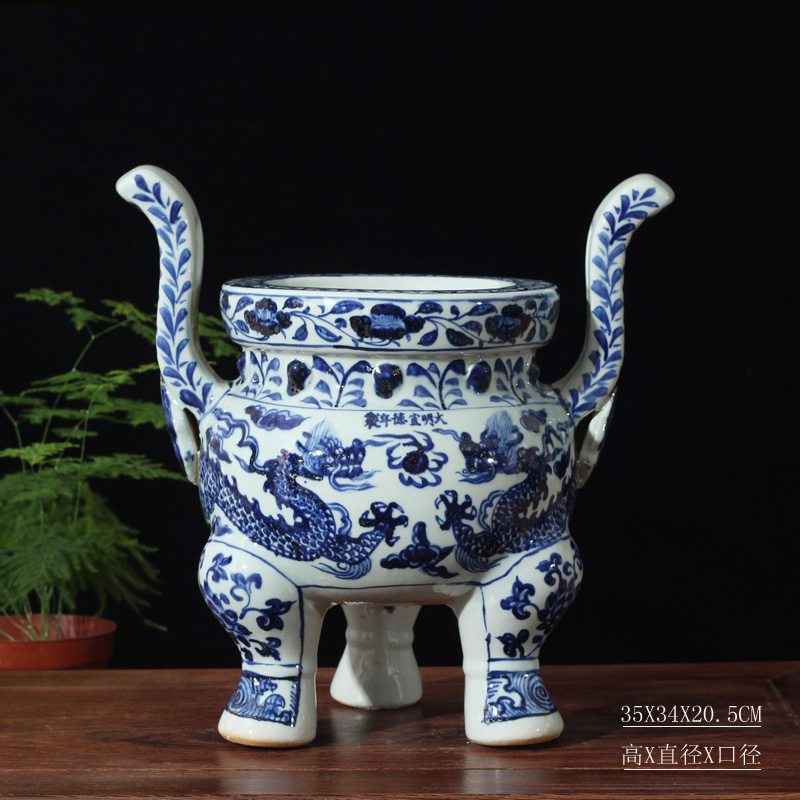 Jingdezhen blue and white dragon candlestick porcelain big censer 45 senior high for 3570 suits for dragon temple incense buner